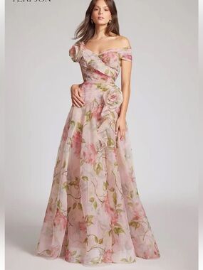 Romantic One-Shoulder Pink Floral Evening Gown